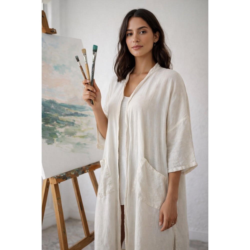 Belle Zeke Oversized Cream Midi Kimono Dress Duster‎ Linen Look OS